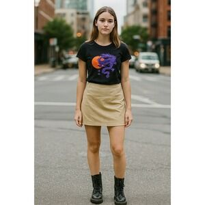 Graphic Dragon Tee Size Medium Juniors Black Top‎ and beige asymmtrical Skirt